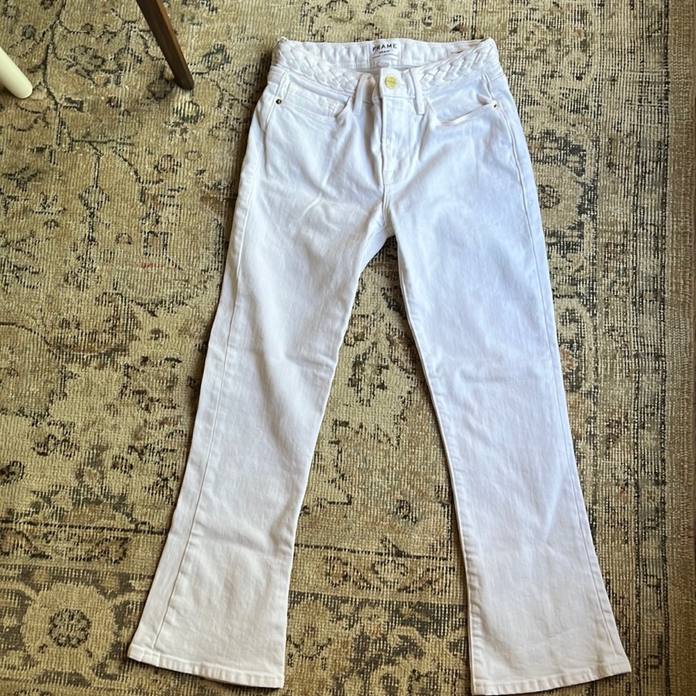 Frame Le Crop Mini Boot Jeans with Braided Waistband in Blanc